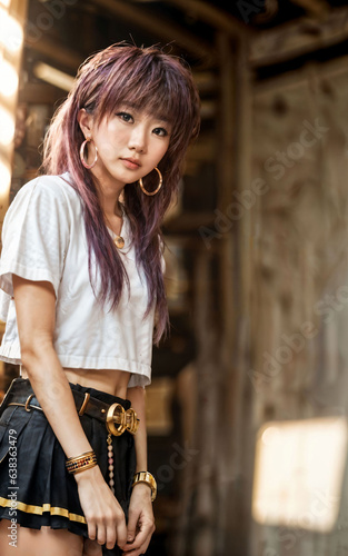 photo of teenage playful asian woman with accessories and mullet hairstyle, generative AI