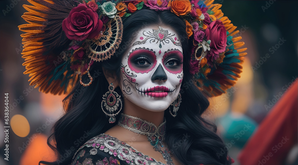 beautiful woman with painted skull on her face for Mexico's Day of the Dead