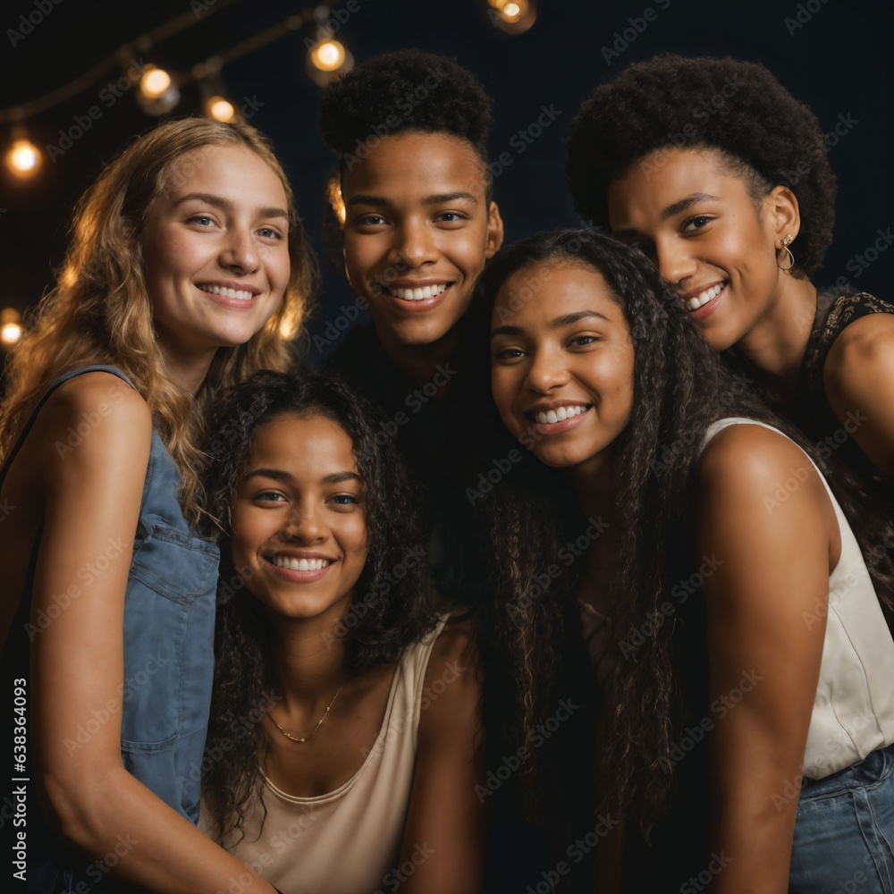 Fototapeta premium group of happy young teenage at the night party, generative AI