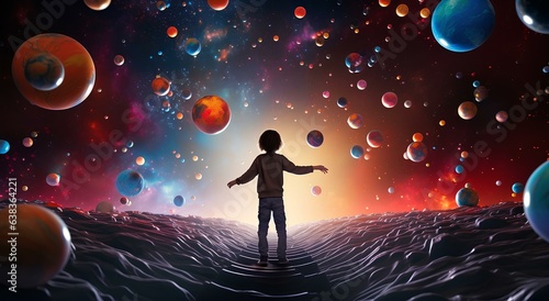 Illustration of a fantastic planetarium with a child, with planets and stars, space and galaxies.