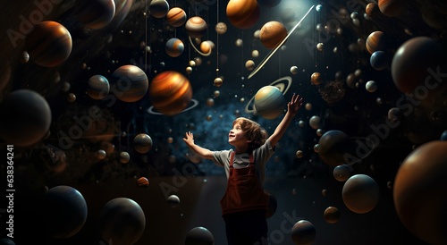 Illustration of a fantastic planetarium with a child, with planets and stars, space and galaxies.