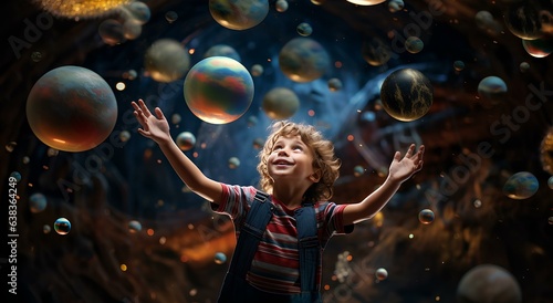 Illustration of a fantastic planetarium with a child, with planets and stars, space and galaxies. photo
