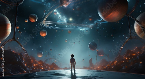 Illustration of a fantastic planetarium with a child, with planets and stars, space and galaxies. photo
