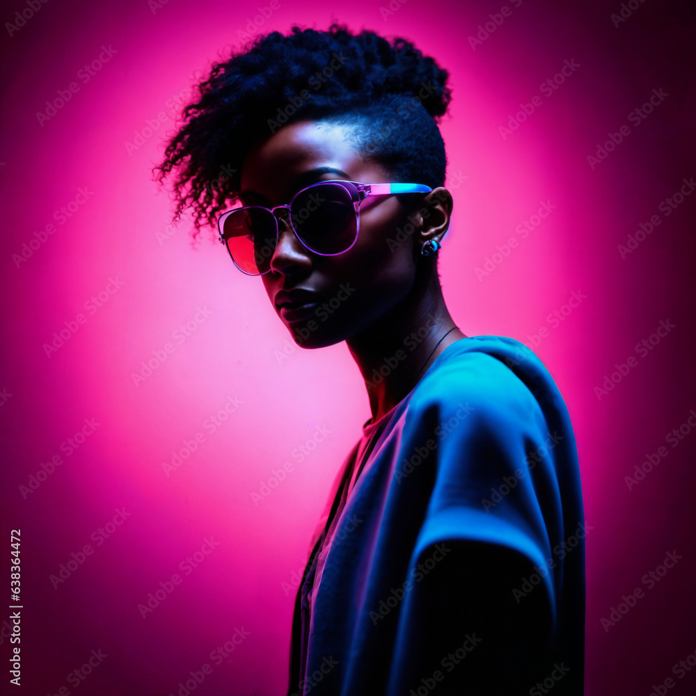 photo of beautiful african woman with with mixed pink and blue neon light, generative AI photo of beautiful african woman with with mixed pink and blue neon light, generative AI