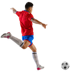 Back view football, soccer player in colorful uniform during game, in motion with ball isolated on transparent background