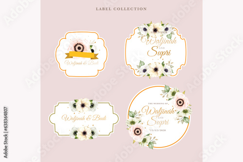 Watercolor poppy anemone label stickers illustration