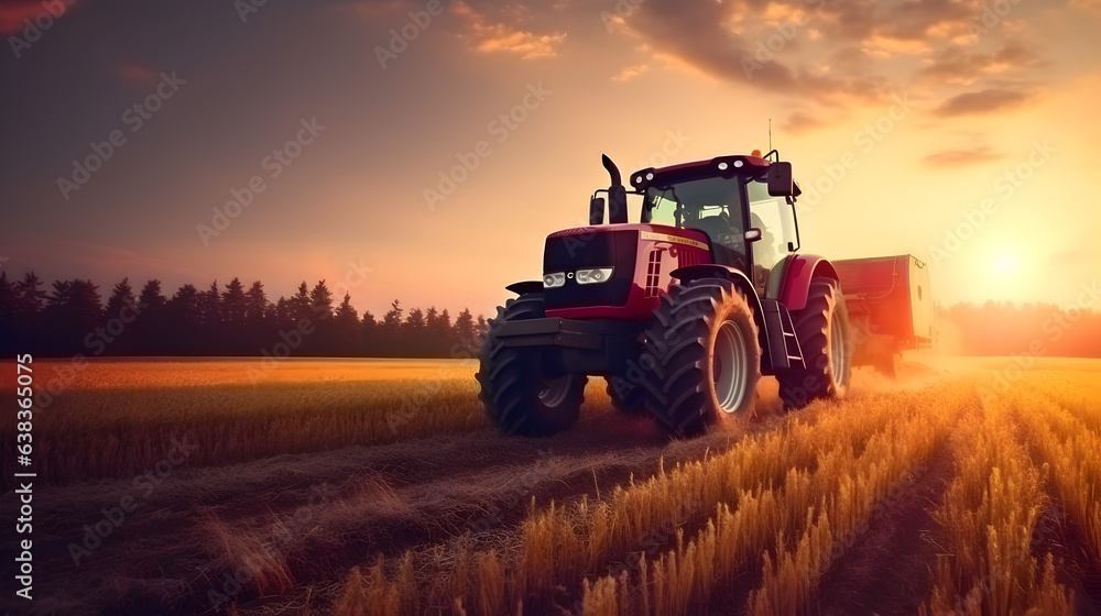 Modern tractor working in a field at sunset, machinery for agriculture harvesting. Generative AI Modern tractor working in a field at sunset, machinery for agriculture harvesting. Generative AI