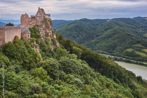 Wachau valley and Danube river. Aggstein picturesque castle. Austrian landmark