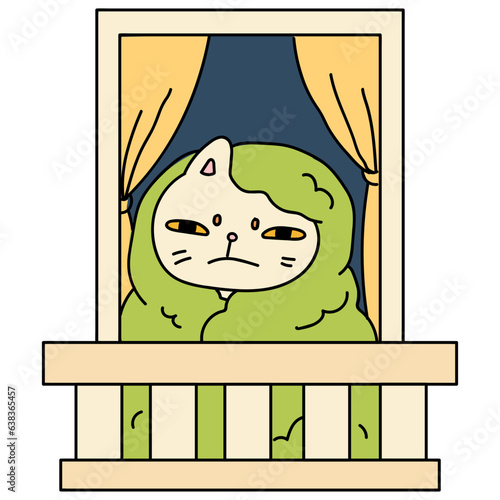 Window with cat covering blanket cartoon illustration