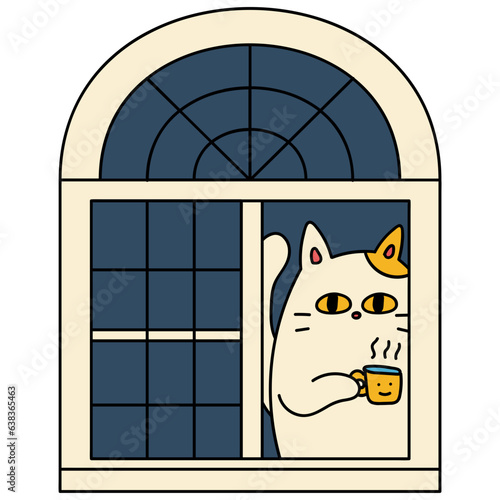 Window with cat holding coffee cartoon illustration