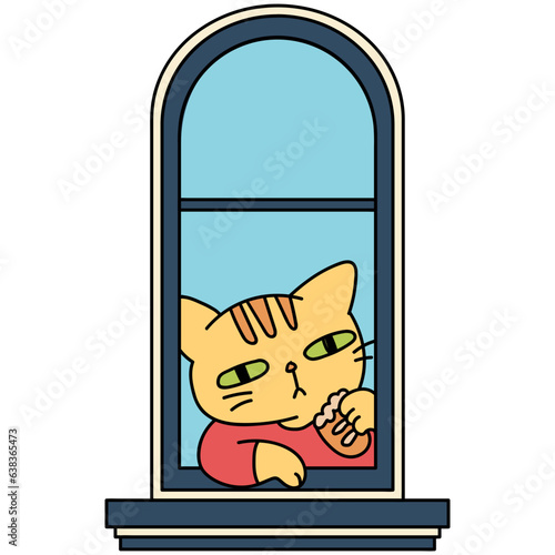 Window with cat eating bread cartoon illustration