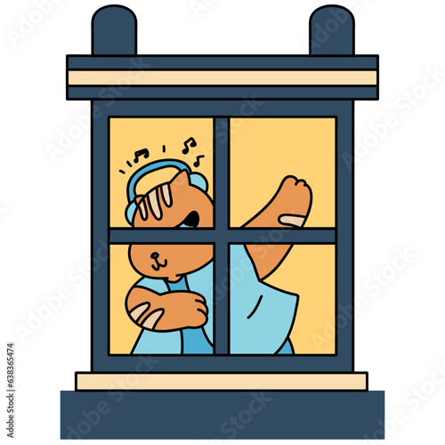 Window with cat listening music cartoon illustration
