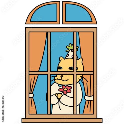Window with cat holding flower cartoon illustration
