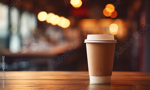 Paper cup of coffee on table top in the blurred coffee shop or cafe background