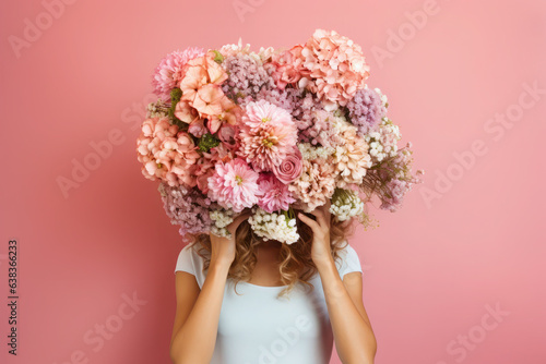 Wallpaper Mural portrait of a young woman hiding behind a lush bouquet of different flowers. the girl holds buds and flowers in hands. Torontodigital.ca
