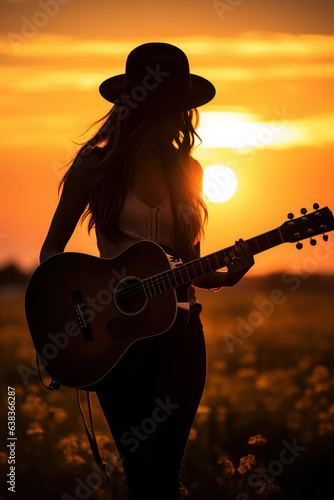 silhouette of a girl with a guitar on the background of a sunset in a field. young hippie woman in a hat.
