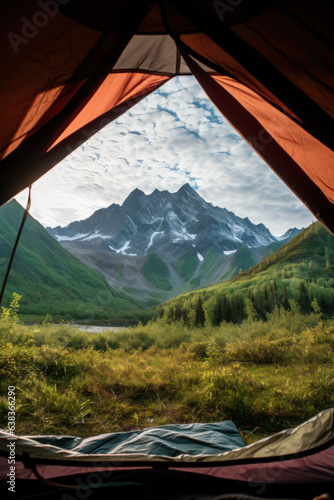 View from inside a tent to the mountains valley with glacier landscape, pov view trekking. hiking, trekking and sports.