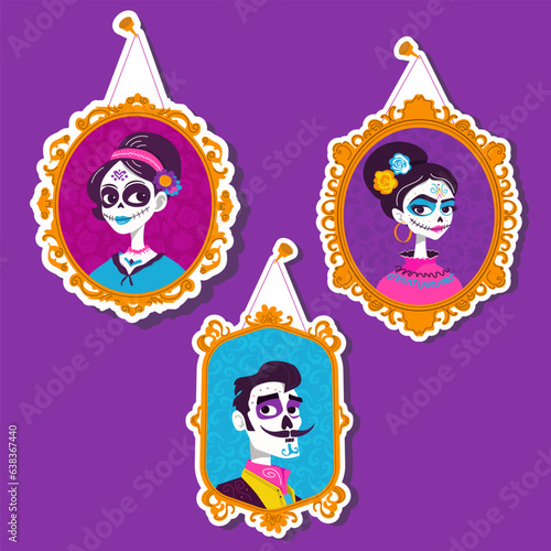 set of vector stickers for the day of the dead in mexico in cartoune style in pink, purple and blue shades. Portraits of dead girls and man with beautiful hairstyles and flowers.
