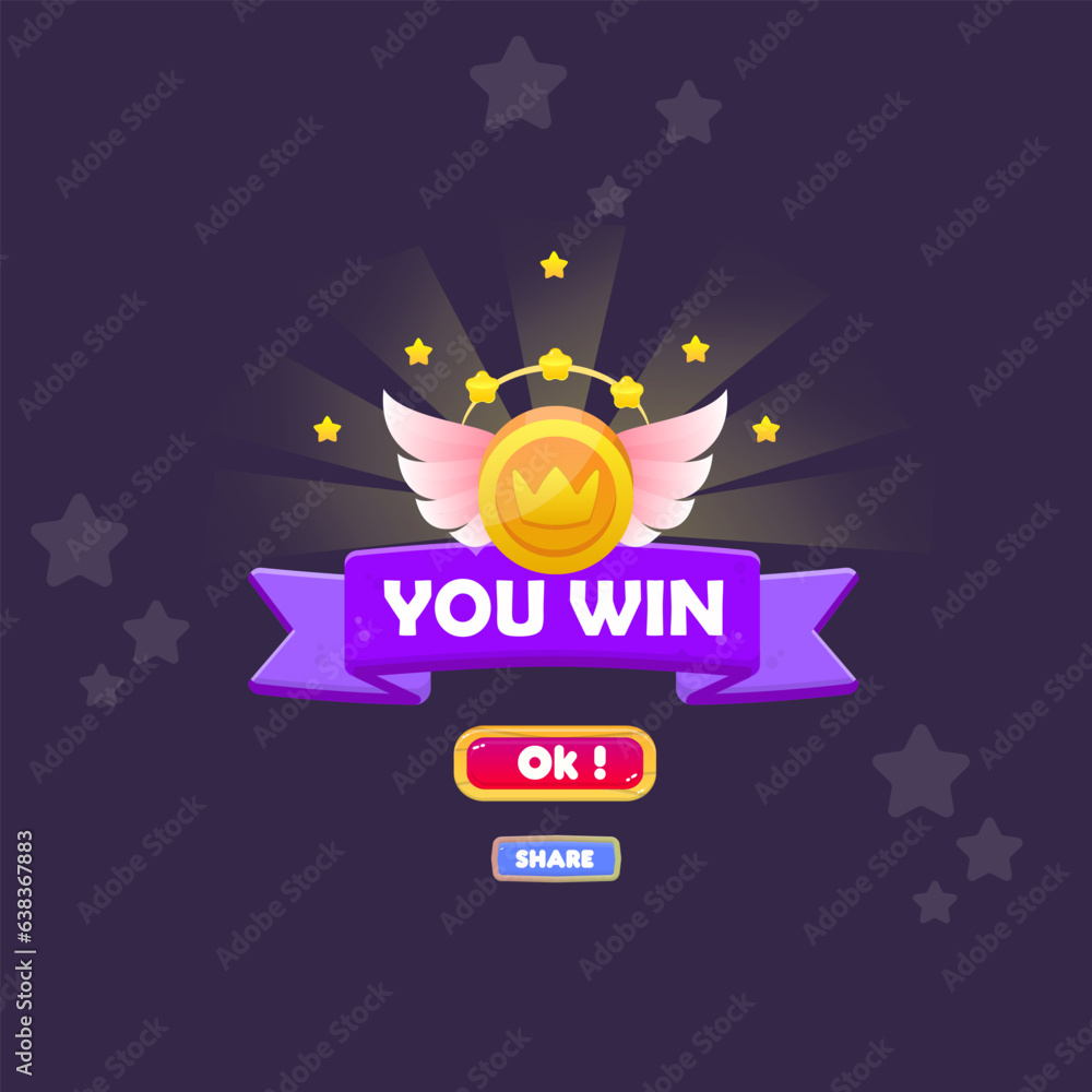 You Win Game UI Badge Pop Up Icon Reward Prize Premium Crown Coin Wings