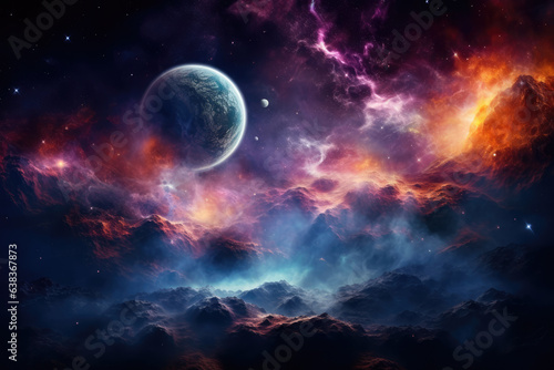 Picture fictional space: swirling nebulas, distant stars, alien planets
