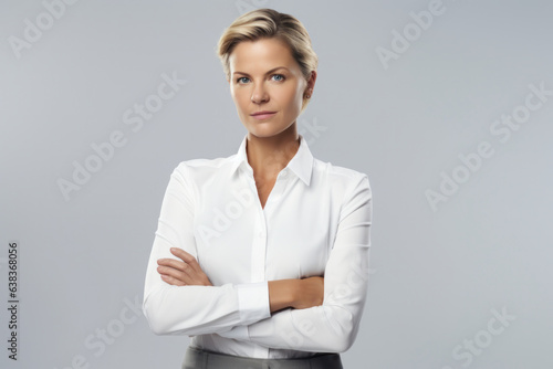 Confident businesswoman in white suit shirt, arms folded, facing camera on grey background.