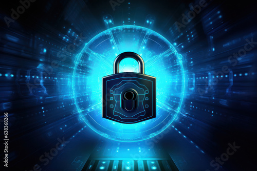 Cyber security padlock on glowing background, symbolizing decoding tech, network protection, and futuristic system concept.
