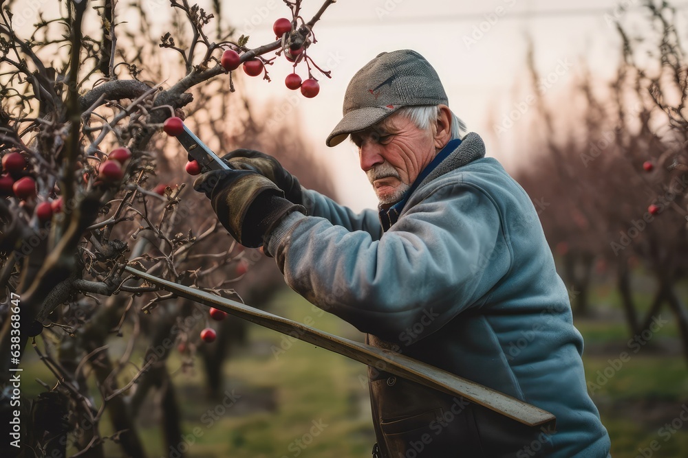 Naklejka premium Elderly farmer trims trees in winter orchard. Photo generative AI