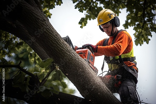 Arborist trims tree branch with chainsaw and heavy equipment. Photo generative AI