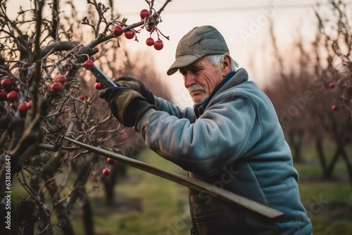 Elderly farmer trims trees in winter orchard. Photo generative AI