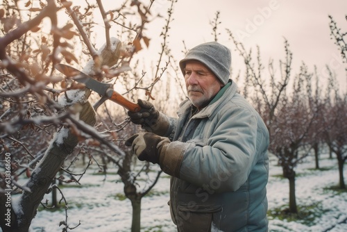 Elderly farmer trims trees in winter orchard. Photo generative AI