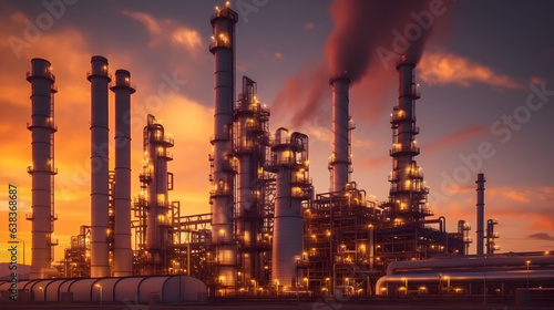  Oil refinery plant for crude oil industry on desert in evening twilight, energy industrial machine for petroleum gas production background. Generative AI
