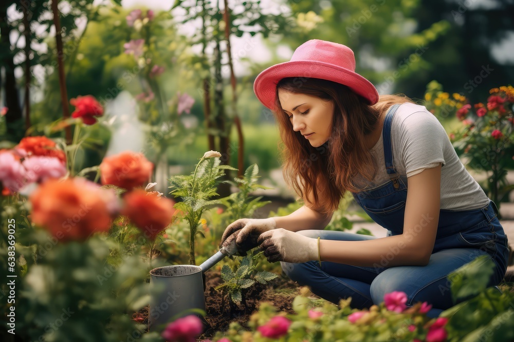 Woman gardening in sunny back yard. Photo generative AI