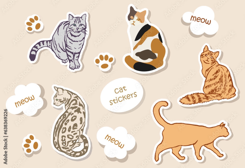 Cat stickers, cats, sticker set, fluffy cat, striped cat , animals, doodle, ginger cat, cat drawings 
