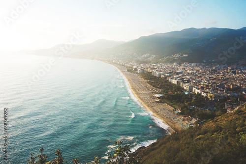 Fototapeta Naklejka Na Ścianę i Meble -  Aerial view of Kleopatra beach in Alanya (Turkey) - turquoise water, city landscape.