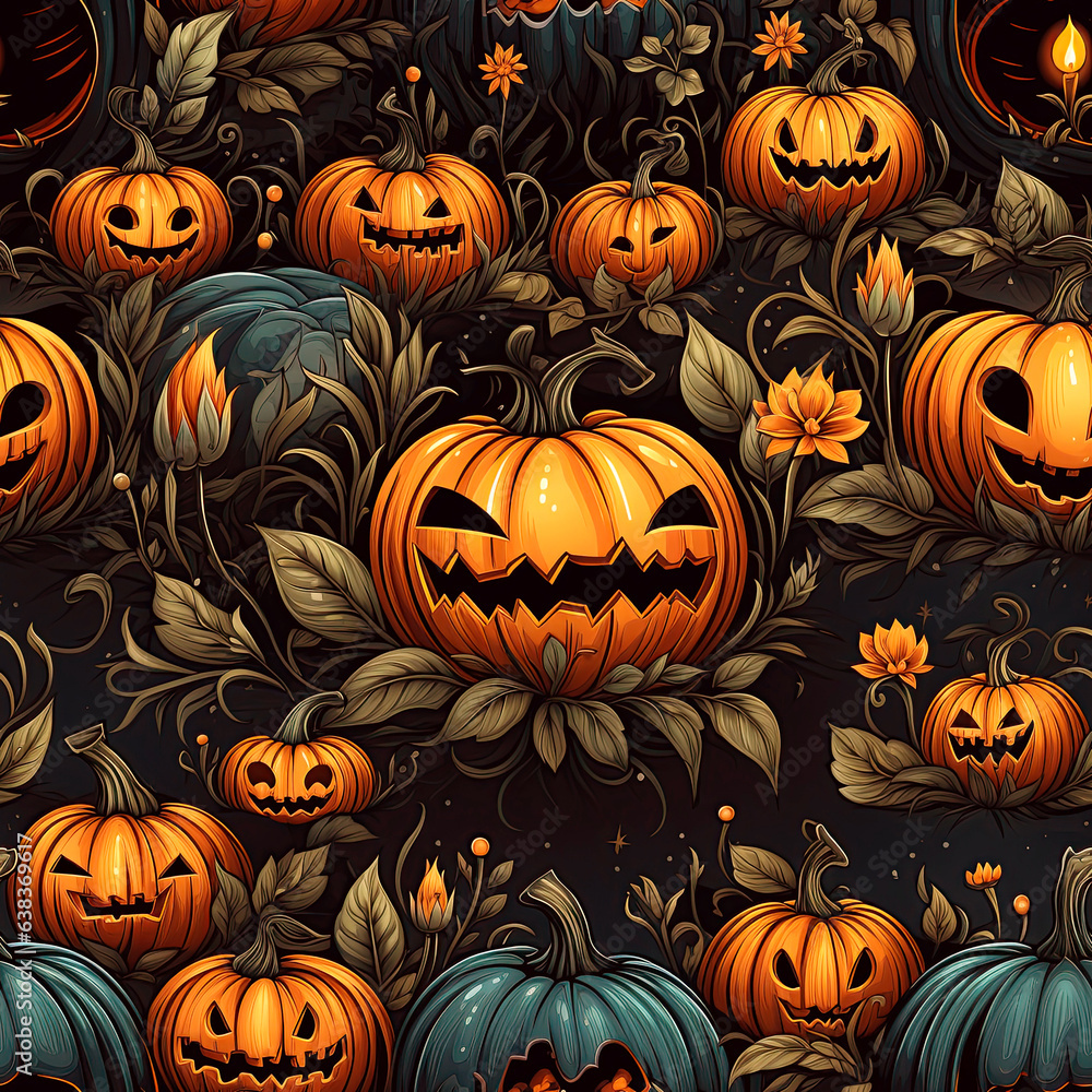 Halloween greeting card with a group of scary pumpkins at night. Seamless texture ornament Halloween greeting card with a group of scary pumpkins at night. Seamless texture ornament