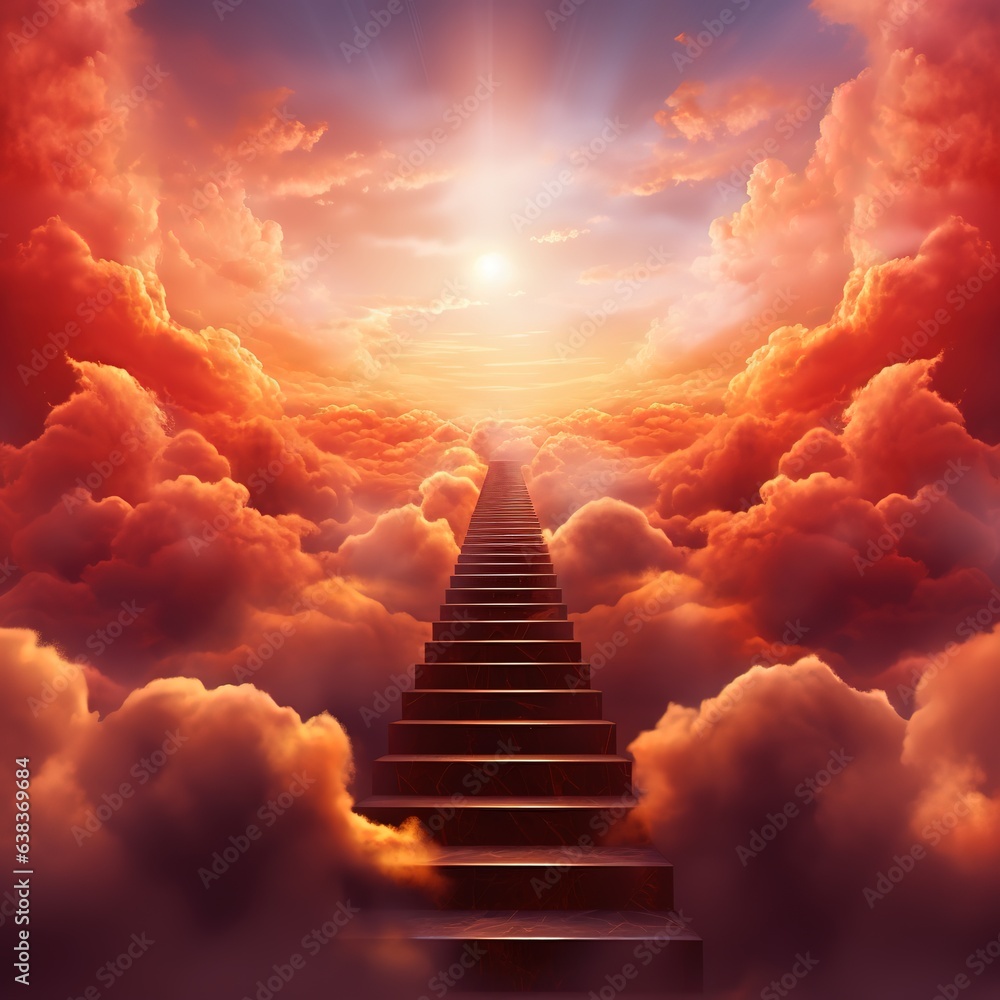 Stairway leading up to sky among red clouds to radiant sun with heavenly light 3d render steps concept freedom of spirit, love, religious symbol paradise Generative ai