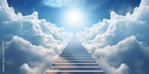 Stairway in blue sky among clouds to radiant sun with heavenly light 3d render marble steps concept freedom of spirit, love, religious symbol paradise Generative ai