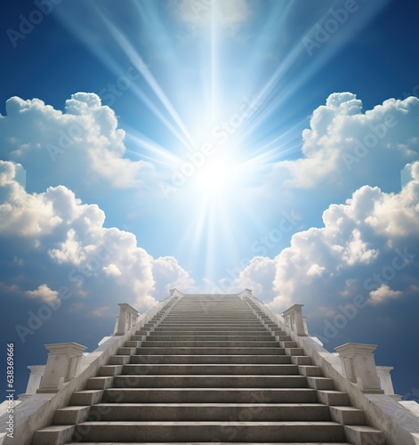 Marble staircase and clouds in blue sky with heavenly sun light  3d render lot of steps concept freedom of spirit  attainment  love  religious symbol paradise Generative ai