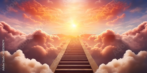 Stairway leading up to bright sky among clouds to radiant sun with heavenly light 3d render marble steps concept freedom of spirit, love, religious symbol paradise Generative ai