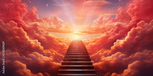 Staircase leading up to sky among red clouds to radiant sun with heavenly light 3d render steps concept freedom of spirit, love, religious symbol paradise Generative AI