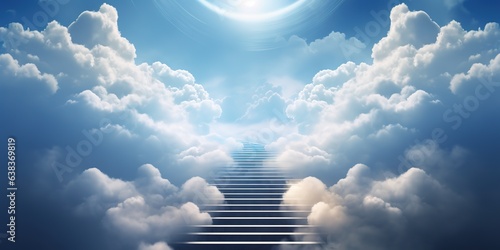 Stairway in blue sky among clouds with heavenly light 3d render marble steps concept freedom of spirit, love, religious symbol paradise Generative ai