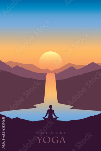 peace of mind yoga waterfall river tropical landscape at beautiful sunset vector illustration EPS10