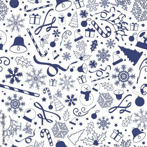 Christmas Seamless Pattern on white background with blue christmas elements. Cute and Big Group of christmas items. Blue Xmas pattern for backgrounds, print, gift wrapping, cards, backdrop. Vector Art