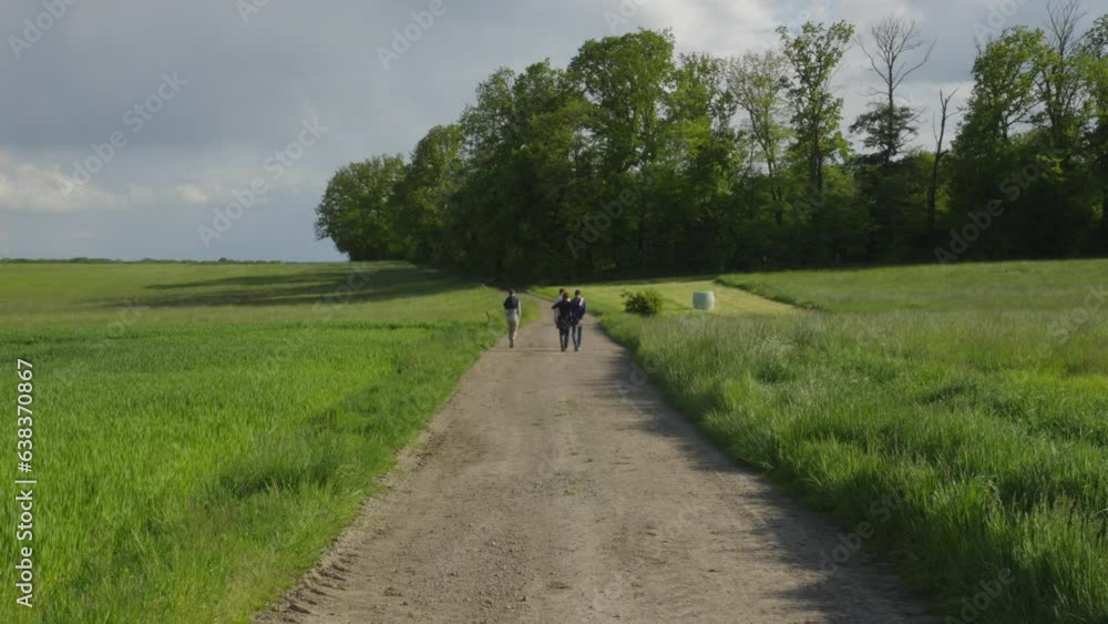 Group of friends walking on a country side road nestled by farm landscape Group of friends walking on a country side road nestled by farm landscape