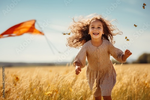 Kid Enjoying Kite in Summery Meadow. Generative AI