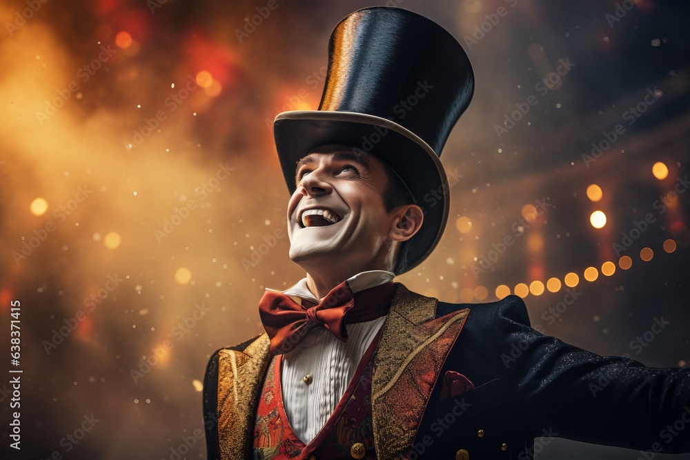 A man wearing a circus costume with a top hat on the background of lights in the circus. generative ai.