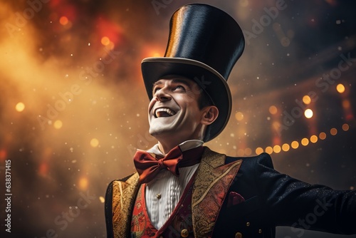 Obraz na płótnie A man wearing a circus costume with a top hat on the background of lights in the circus. generative ai. w salonie