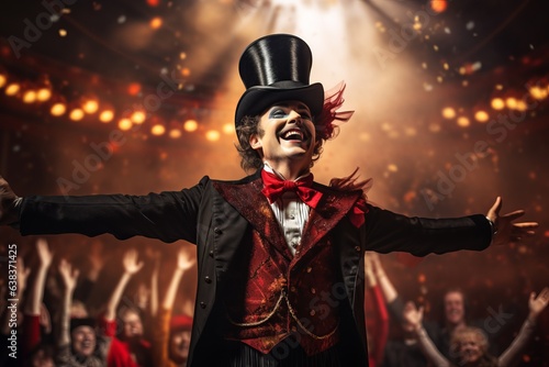 A man wearing a circus costume with a top hat on the background of lights in the circus. generative ai.