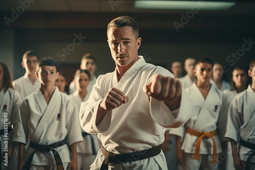 a karate coach shows students techniques. The concept of self-defense. generative ai.