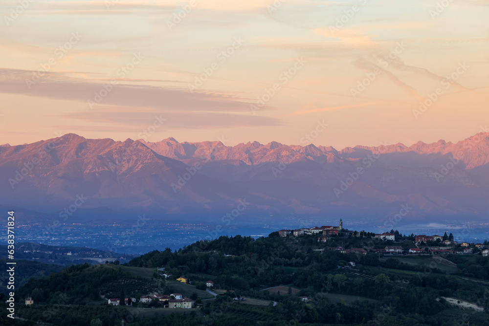 View of the Alps at sunrise from Piedmont. Italy